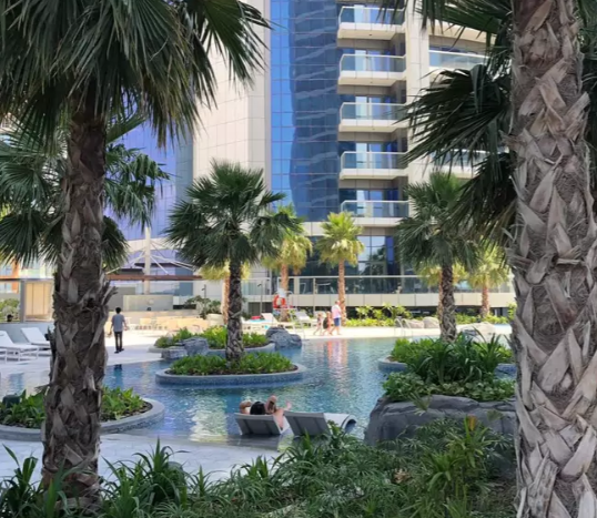 Une oasis urbaine sereine avec des palmiers et une piscine réfléchissante bordée de rochers, entourée de tours modernes Damac Paramount, où les gens se prélassent et profitent du cadre paisible.