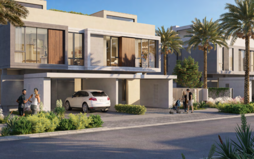 Un complexe résidentiel moderne situé dans les collines de Dubaï comprenant des maisons spacieuses et contemporaines dotées de grandes fenêtres et de balcons, entourées de palmiers luxuriants. Des gens et une voiture sont visibles, représentant une scène de quartier animée.