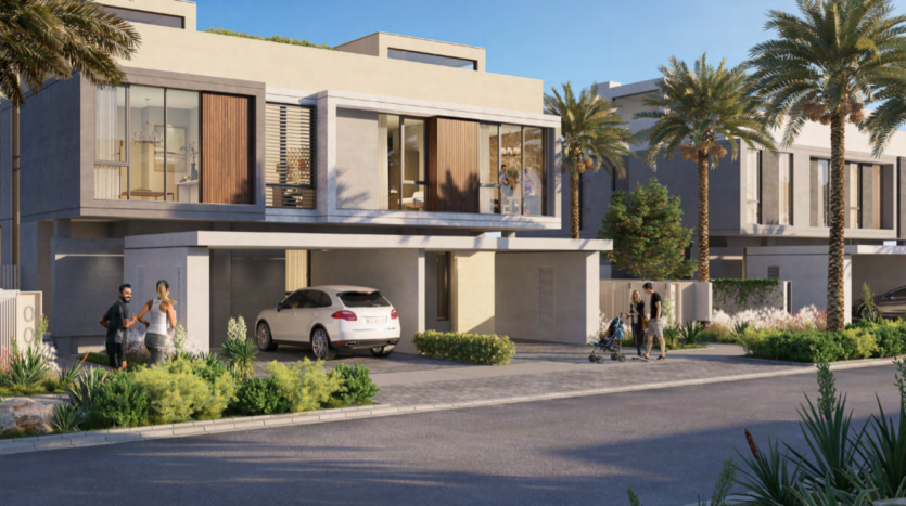 Un complexe résidentiel moderne situé dans les collines de Dubaï comprenant des maisons spacieuses et contemporaines dotées de grandes fenêtres et de balcons, entourées de palmiers luxuriants. Des gens et une voiture sont visibles, représentant une scène de quartier animée.