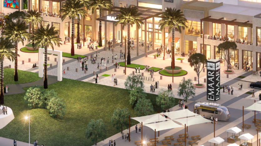 Illustration d&#039;un centre commercial animé en plein air au crépuscule à Dubaï avec des palmiers, des allées bondées, des magasins variés, des stands de nourriture et un tramway qui passe.