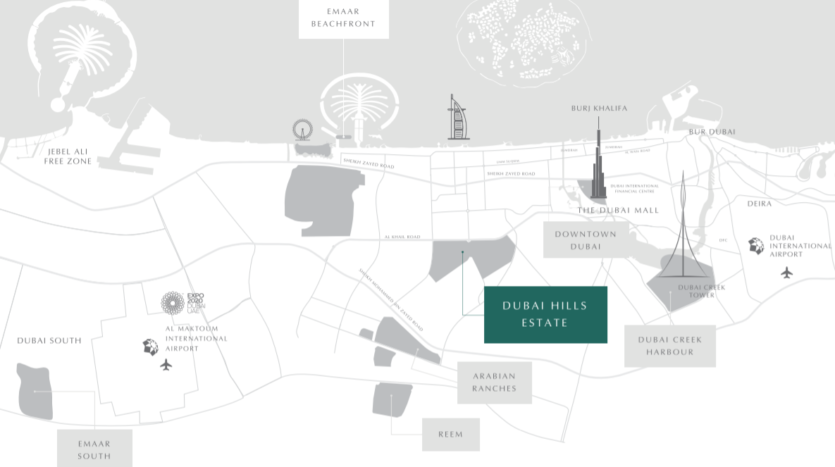 Carte mettant en évidence les zones clés de Dubaï, notamment le centre-ville de Dubaï, les collines de Dubaï et le port de Dubai Creek, avec des monuments emblématiques comme Burj Khalifa indiqués à l&#039;aide de symboles.