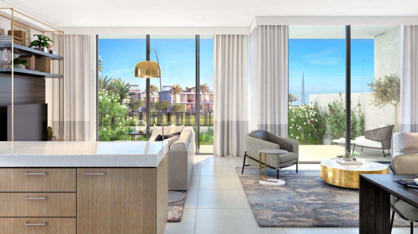 Luxueux et moderne appartement décloisonné dans les collines de Dubaï, s&#039;étendant harmonieusement jusqu&#039;à un patio extérieur avec une vue sur le jardin luxuriant, doté d&#039;un mobilier élégant et d&#039;une lumière naturelle abondante.