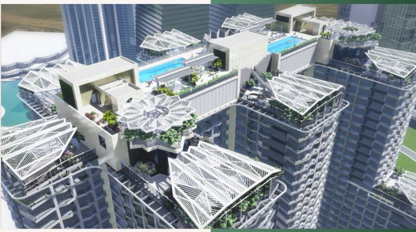 Vue aérienne d'un développement architectural moderne comprenant des immeubles de grande hauteur avec des jardins sur le toit, des auvents géométriques blancs et des piscines, sur fond d'autres gratte-ciel et d'une rivière, offrant