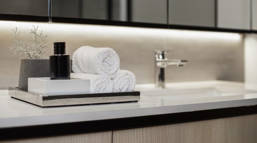 Un comptoir de salle de bains moderne de Wilton Park avec des serviettes blanches soigneusement pliées, des produits de bain sur un plateau et une plante décorative à côté d&#039;un lavabo et d&#039;un robinet élégants, éclairés par un éclairage zénithal doux.