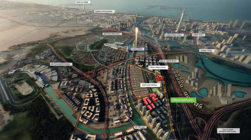 Vue aérienne d&#039;un plan de ville détaillé de Creek Vistas Dubai, mettant en évidence divers quartiers et monuments, reliés par des routes et entourés d&#039;eau, avec des étiquettes pour chaque zone.