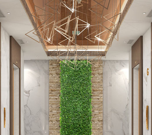 Lobby d&#039;hôtel moderne sur Imperial Avenue avec des sols en marbre élégants, un éclairage de plafond artistique, un mur de jardin vertical et un plafond en miroir reflétant le design intérieur élégant.