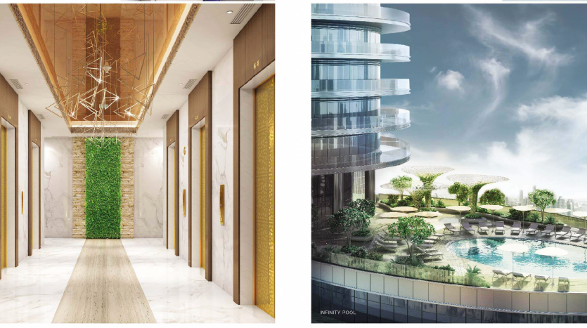 À gauche : couloir d’hôtel luxueux avec des accents dorés et des jardins verticaux verticaux. À droite : un gratte-ciel moderne à Dubaï avec des balcons circulaires, des jardins sur le toit et une grande piscine extérieure.