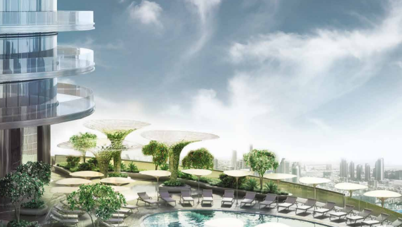 Immeuble moderne de grande hauteur sur Imperial Avenue avec jardins en terrasses et piscine luxueuse sur le toit, entouré d&#039;un magnifique paysage urbain sous un ciel bleu clair avec des nuages à la dérive.