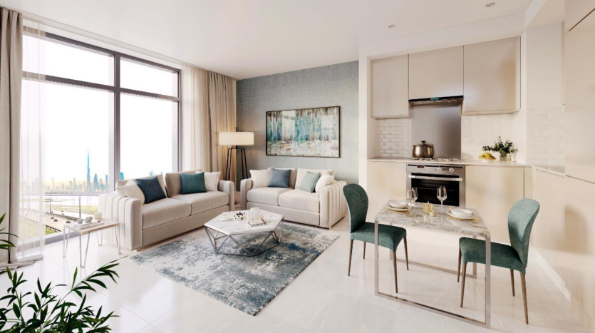Appartement moderne et bien éclairé comprenant un espace de vie ouvert avec une cuisine, une salle à manger et un salon, situé à Creek Vistas, Dubaï. L&#039;intérieur comprend un mobilier beige et turquoise, de grandes fenêtres avec