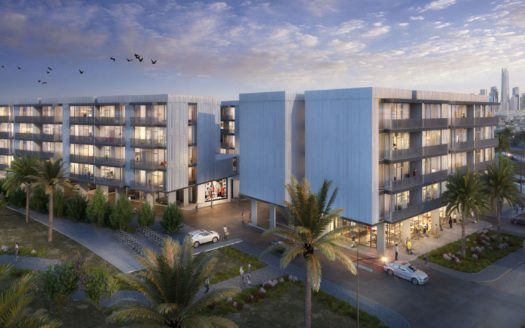 Un rendu architectural d'un complexe résidentiel moderne composé de deux bâtiments à plusieurs étages, dotés de balcons et de grandes fenêtres, situé dans le quartier paysager des Q Gardens de Dubaï au coucher du soleil.