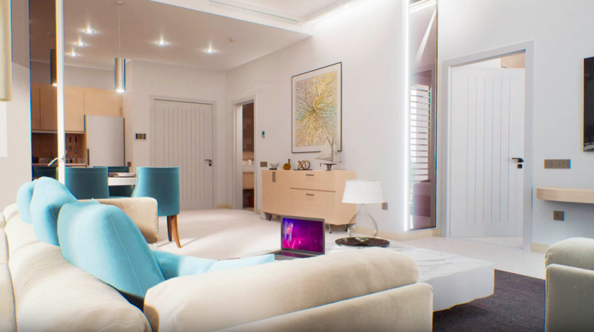 Un salon moderne avec un canapé blanc, des chaises bleu sarcelle, un buffet en bois et une cheminée aux lumières violettes. L'espace comprend une cuisine en arrière-plan, des œuvres d'art sur les murs et des vues