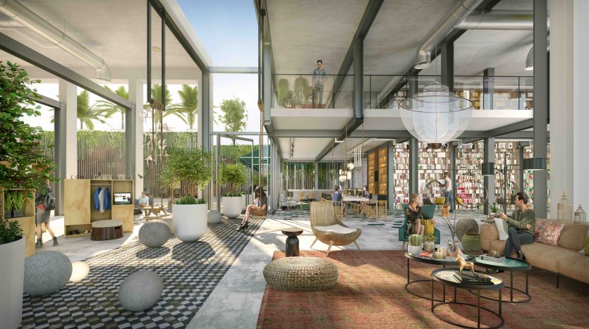 Espace de travail collaboratif moderne et spacieux dans les collines de Dubaï avec des plantes d&#039;intérieur luxuriantes, des meubles élégants et une lumière naturelle abondante. Le cadre comprend des étagères, des coins salons et une mezzanine avec des personnes travaillant