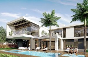 Une villa moderne et luxueuse dans le District Un avec de grandes fenêtres en verre, des détails architecturaux géométriques, entourée de palmiers luxuriants, dotée d&#039;une piscine avec chaises longues et deux personnes se relaxant.