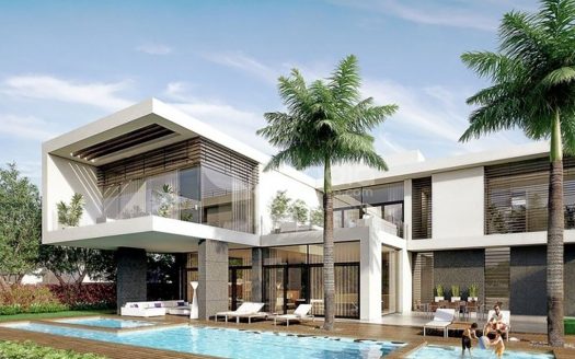 Une villa moderne et luxueuse dans le District Un avec de grandes fenêtres en verre, des détails architecturaux géométriques, entourée de palmiers luxuriants, dotée d&#039;une piscine avec chaises longues et deux personnes se relaxant.