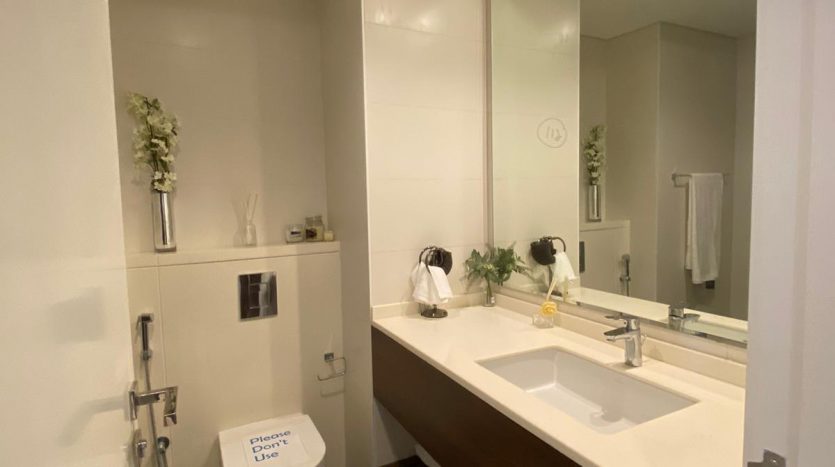 Salle de bain moderne avec vasque en bois, lavabo blanc, grand miroir et toilettes. La décoration comprend de petites plantes en pot et des accessoires de bain. Bien éclairé avec des plafonniers et une vue imprenable sur Dubaï.