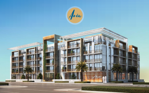 Rendu architectural du bâtiment de la résidence aria à Dubaï, présentant un design contemporain à plusieurs étages avec de grandes fenêtres, des balcons et un logo aria proéminent, sur un ciel clair.