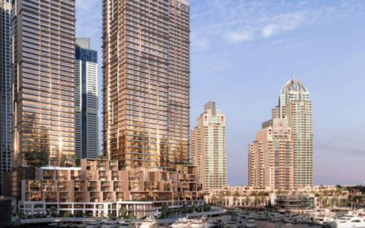 Bord de mer avec gratte-ciel modernes et porte Jumeirah Living Marina, représenté sous un ciel clair au crépuscule, mettant en valeur les façades réfléchissantes des bâtiments et la diversité architecturale.