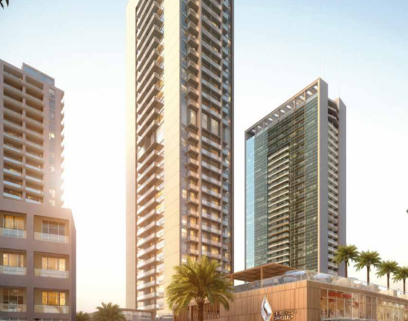 Rendu architectural d&#039;un développement urbain moderne comprenant deux grands gratte-ciel, un bâtiment de taille moyenne, des palmiers et des piétons et cyclistes par une journée ensoleillée près du Studio One dans la marina de Dubaï.