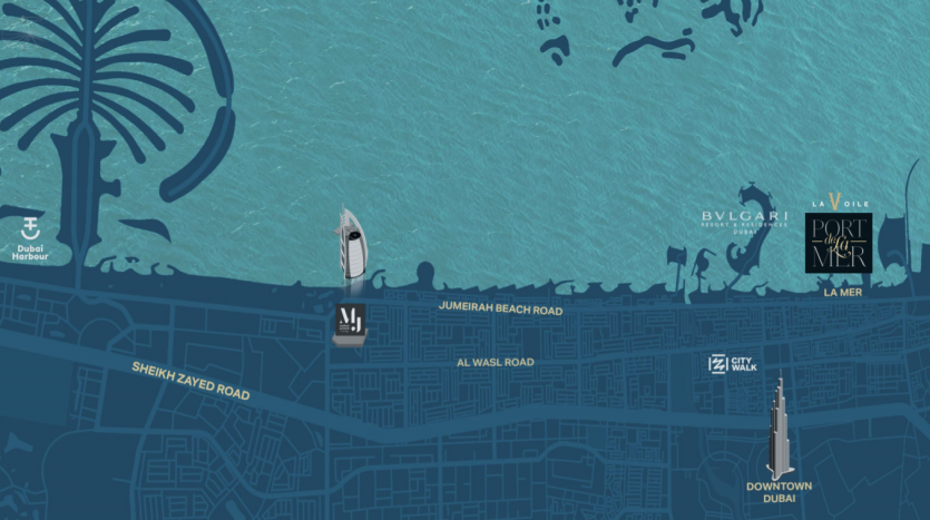 Carte illustrative de Dubaï, mettant en évidence des monuments et des quartiers emblématiques tels que le centre-ville de Dubaï et La Voile Port de la Mer, décorée d&#039;icônes stylisées comme un palmier et un voilier sur un fond bleu sarcelle.