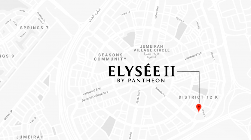 Carte montrant l&#039;emplacement du « Panthéon Elysée 2 » dans le cercle du village de Jumeirah, mis en évidence dans le district 12 K, avec les réseaux et zones routiers à proximité.