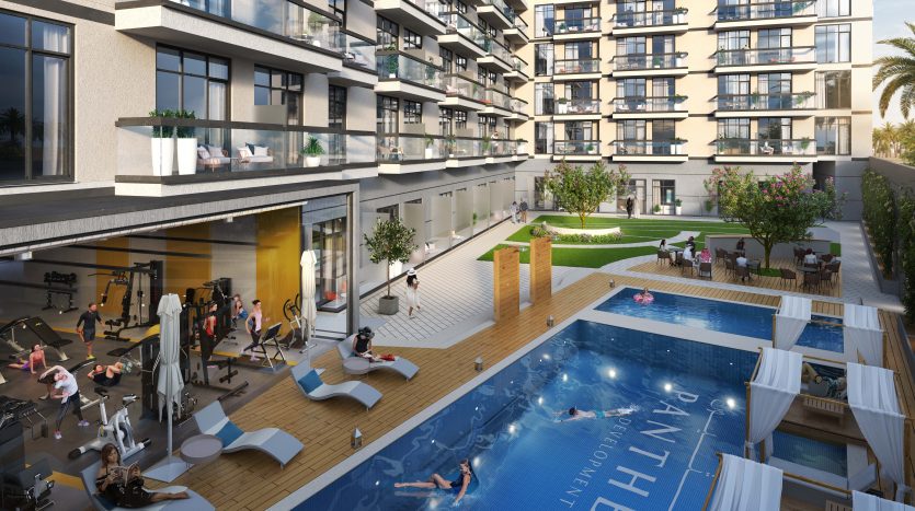 Une image du complexe résidentiel Panthéon Elysée 2 comprenant une piscine extérieure, une salle de sport et des jardins communaux. On voit les résidents faire de l’exercice, nager et se détendre dans des espaces partagés.