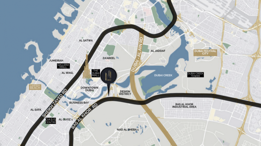 Carte d&#039;une section de Dubaï montrant les principales routes et quartiers tels que le centre-ville de Dubaï, Business Bay, Jumeirah et Nobles Tower. Les points de repère clés sont marqués et la carte présente un symbole en sourdine.