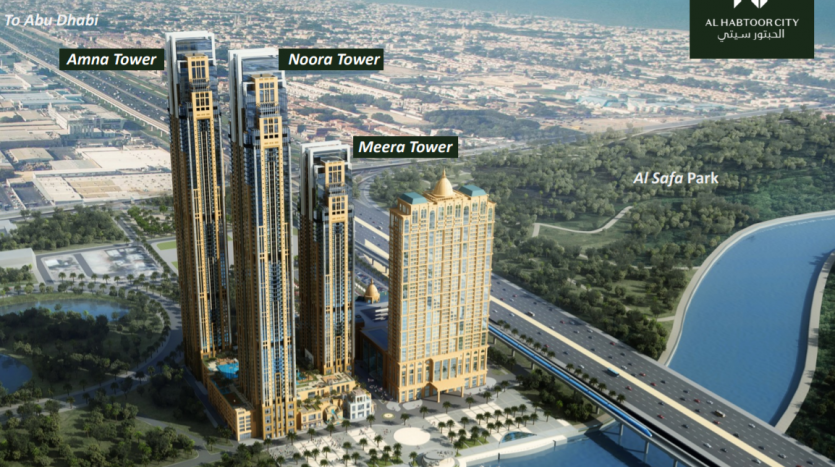 Une vue aérienne illustrée de la ville d&#039;Al Habtoor à Dubaï, montrant trois immeubles de grande hauteur (Amna Tower, Noora Tower, Meera Tower) à côté du canal de Dubaï, avec des étiquettes et des directions.