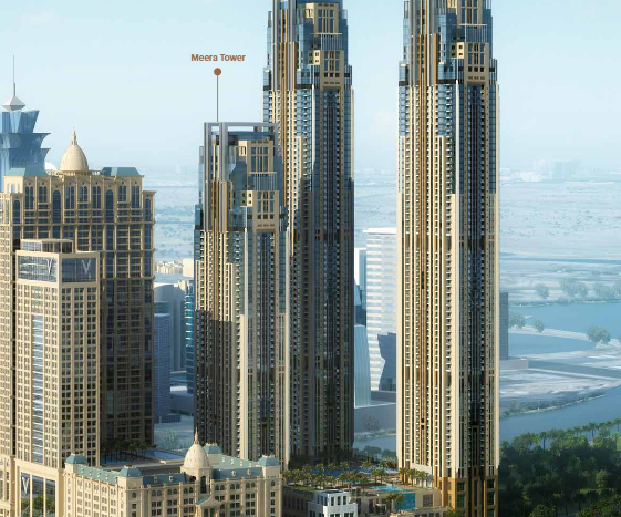 Un rendu architectural d&#039;un paysage urbain moderne comprenant trois grands gratte-ciel nommés Noora Tower, Amna Tower et Meera Tower. Les bâtiments sont entourés d&#039;une verdure luxuriante et d&#039;un ciel dégagé