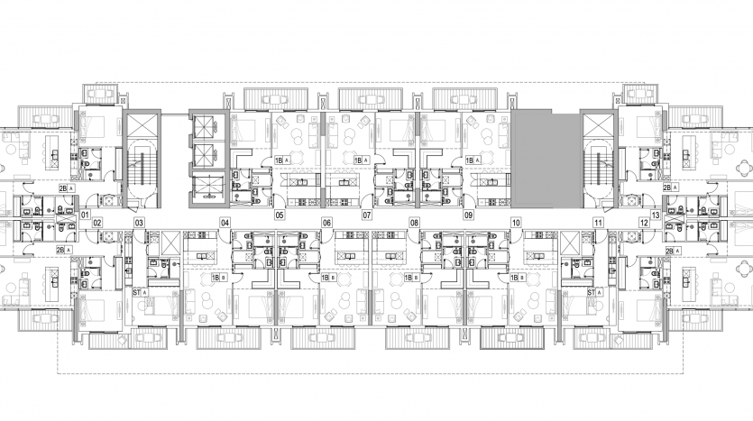Plan d&#039;étage architectural montrant la disposition détaillée d&#039;un immeuble d&#039;appartements de Kensington avec plusieurs unités, pièces étiquetées et mobilier.