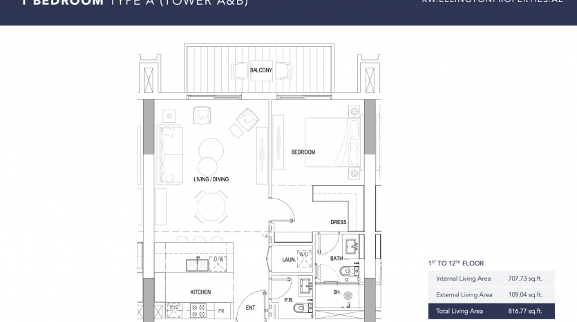 Plan d&#039;étage architectural d&#039;un appartement d&#039;une chambre (type a) à Kensington, comprenant une chambre, une salle de bains, un salon/salle à manger, une cuisine et un balcon avec étiquettes et dimensions.