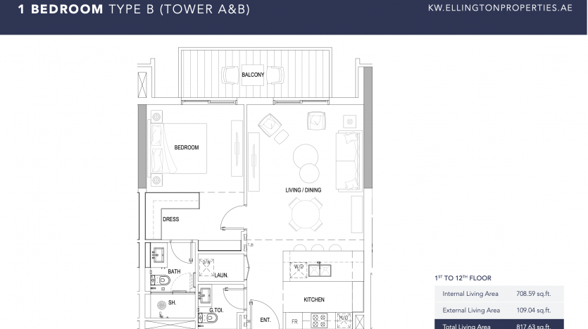 Plan d&#039;étage d&#039;un appartement d&#039;une chambre dans la tour de Kensington montrant la chambre, la salle de bains, la cuisine, le salon/salle à manger, le balcon et l&#039;entrée. Comprend les dimensions et les zones internes, externes et totales