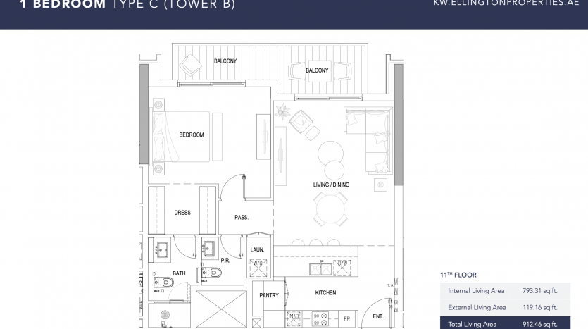 Plan d&#039;étage d&#039;un appartement 1 chambre dans la tour B de Kensington, comprenant une chambre, deux balcons, une salle de bains, un garde-manger, une cuisine et un coin salon/salle à manger. Comprend les dimensions et la surface habitable totale