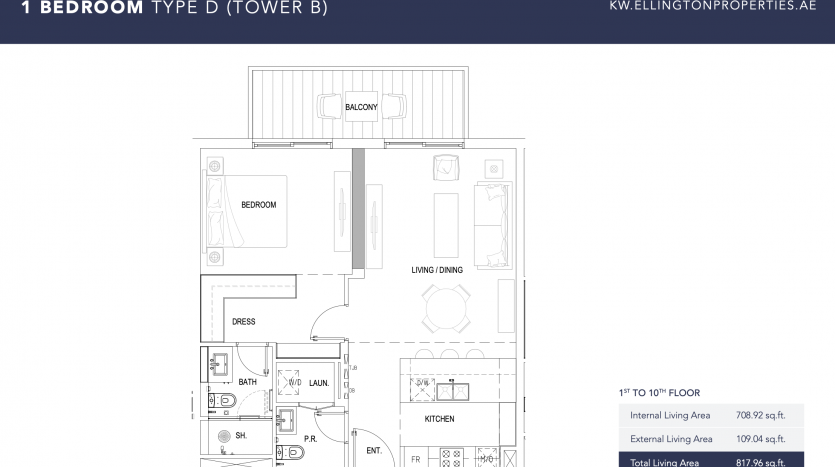 Plan d&#039;étage d&#039;un appartement 1 chambre dans la tour B de Kensington, comprenant une chambre, une salle de bains, un dressing, une cuisine, un salon/salle à manger, un balcon et une salle d&#039;eau. Les marquages indiquent les dimensions