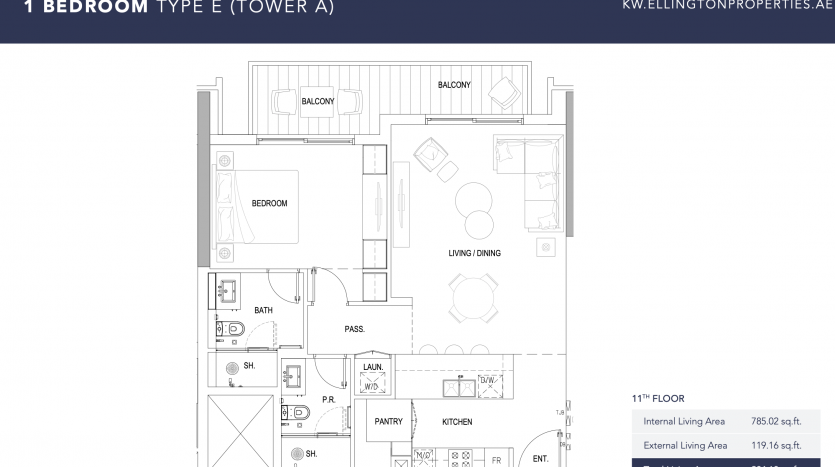 Un plan architectural d&#039;un appartement d&#039;une chambre à Kensington, mettant en évidence la disposition de la chambre, de la salle de bain, de la cuisine, du salon et de la salle à manger, des trois balcons et des équipements supplémentaires.