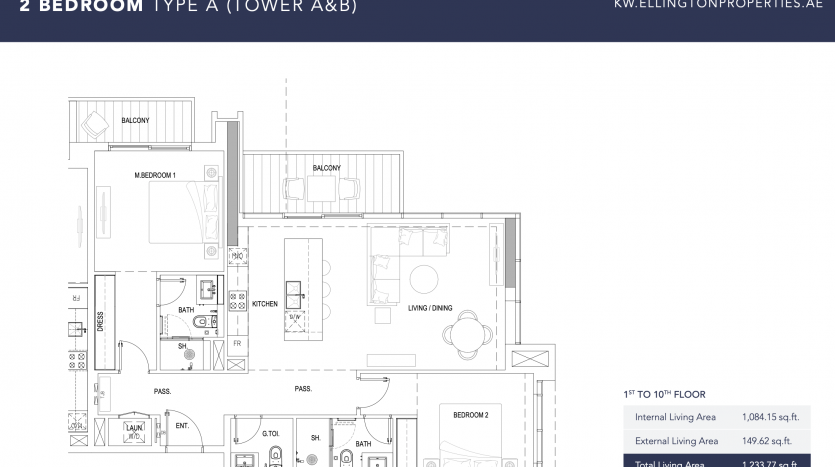 Plan d&#039;un appartement de 2 chambres à Kensington avec une disposition détaillée comprenant des chambres, une cuisine, un salon, des salles de bains et un balcon. Les mesures et l&#039;URL du site Web sont également fournies.