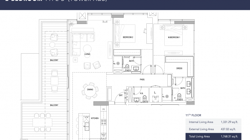 Un plan d&#039;étage d&#039;un appartement de deux chambres dans la tour A de Kensington, comprenant un salon, une cuisine, deux salles de bains et un balcon. Le plan montre les dimensions et la disposition des pièces.