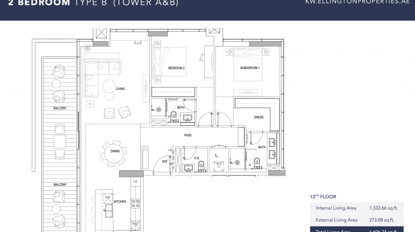 Plan d&#039;étage architectural d&#039;un appartement de 2 chambres dans la tour A de Kensington. Le plan comprend un salon, une cuisine, un espace salle à manger, deux chambres, des salles de bains et un balcon. Les mesures détaillées sont