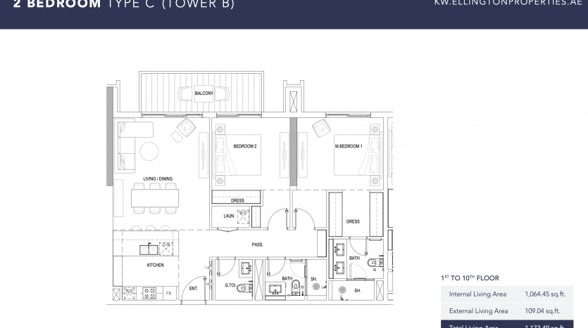 Plan d&#039;étage d&#039;un appartement de 2 chambres dans la Kensington Tower BW comprenant un salon, un balcon, une cuisine, deux salles de bains, des placards et des espaces de rangement ainsi que les dimensions.