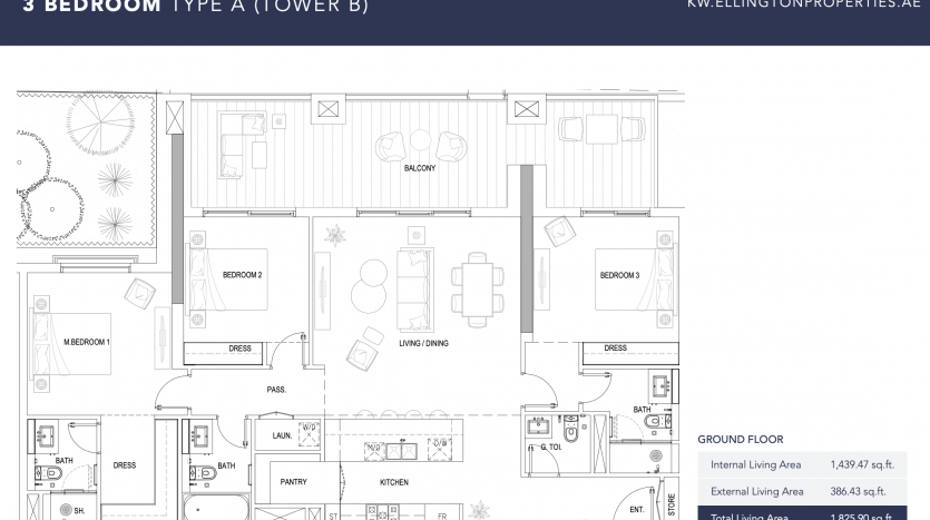 Plan d&#039;étage architectural d&#039;un appartement de 3 chambres dans la tour B de Kensington, montrant les pièces, la disposition des meubles, le balcon et les mesures en pieds carrés, étiquetées pour plus de clarté.