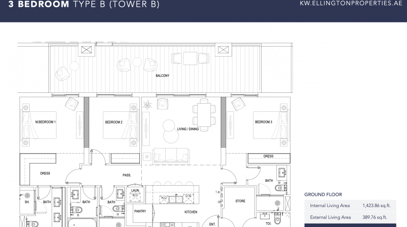 Plan architectural d&#039;un appartement de 3 chambres dans la tour B de Kensington, comprenant des pièces étiquetées comprenant des chambres, des salles de bains, une cuisine et des espaces de vie, avec des détails supplémentaires sur les dimensions.