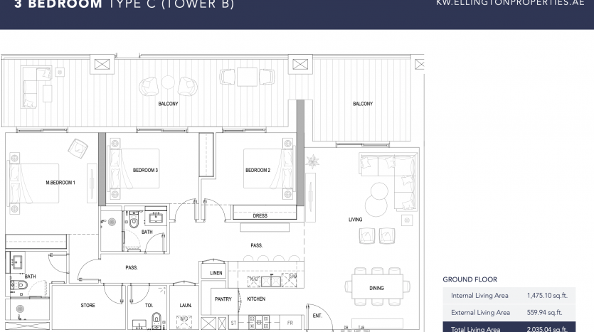 Plan d&#039;étage architectural d&#039;un appartement de 3 chambres à Kensington, montrant la disposition des chambres, des salles de bains, de la cuisine, du salon et de la salle à manger, ainsi que des balcons et des espaces de rangement.