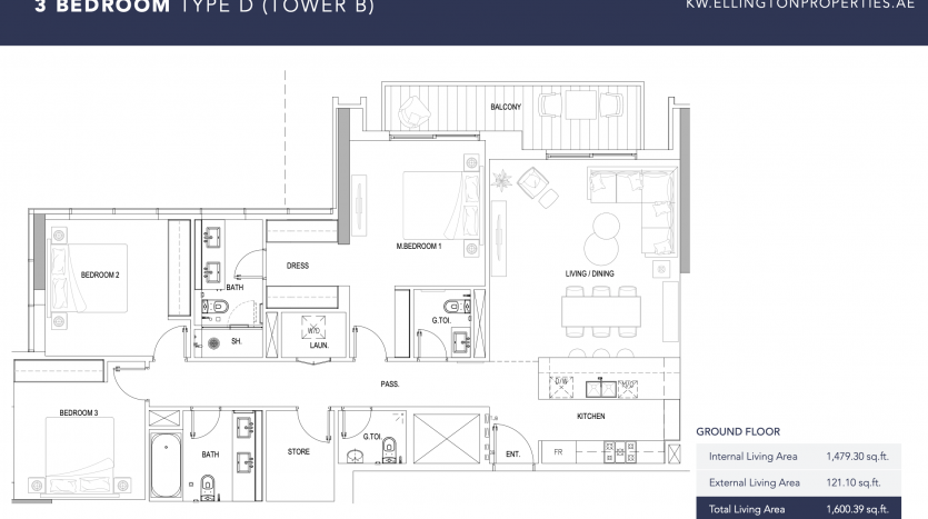 Plan d&#039;étage architectural d&#039;un appartement de 3 chambres (type D) dans le Kensington Water Tower, comprenant des chambres, des salles de bains, une cuisine, un salon/salle à manger et un balcon avec des meubles et des mesures étiquetés.