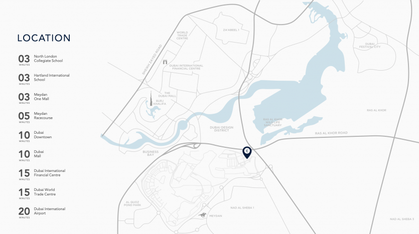 Carte minimaliste mettant en évidence des emplacements spécifiques d&#039;une ville, marquées de chiffres et d&#039;étiquettes, présentant des routes, des plans d&#039;eau, dont Kensington Water, et un marqueur bleu sur un emplacement nommé « quartier des affaires ».