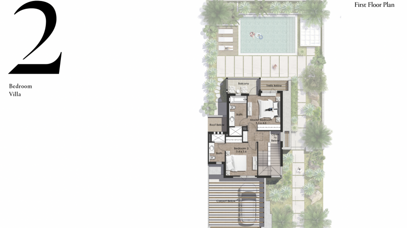 Plan architectural du premier étage d&#039;une villa de 2 chambres, comprenant la disposition détaillée des pièces, l&#039;emplacement des meubles et l&#039;aménagement paysager environnant, y compris une piscine conçue al jure.