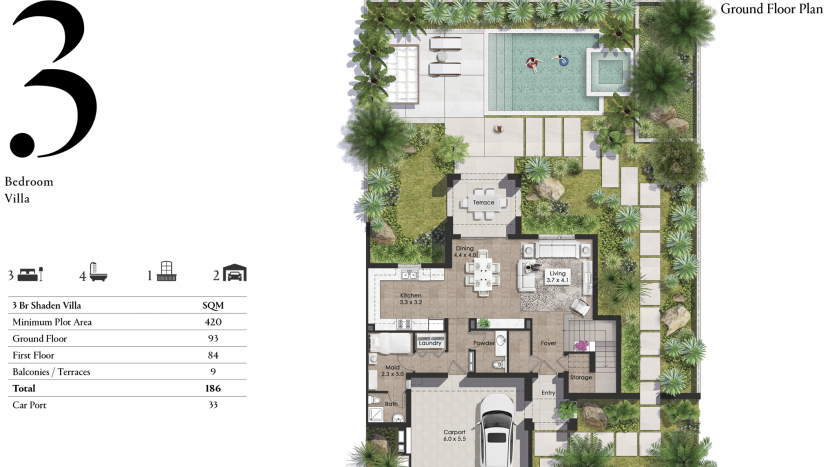 Plan d&#039;étage architectural d&#039;une villa de 3 chambres comprenant des espaces de vie, une cuisine, des chambres et un balcon. Comprend une piscine extérieure, un aménagement paysager al jure et une voiture garée dans un port
