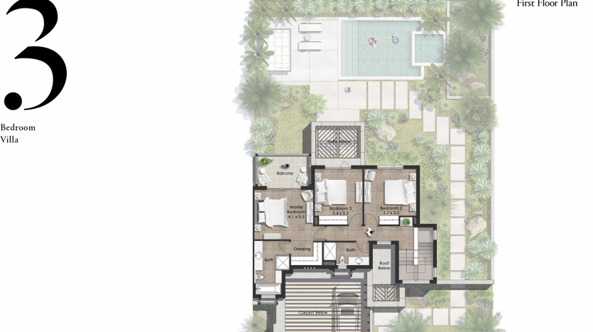 Plan du premier étage d&#039;une villa de 3 chambres comprenant une piscine, un patio, un salon, une cuisine et plusieurs salles de bains, entourée d&#039;une verdure luxuriante al jure.