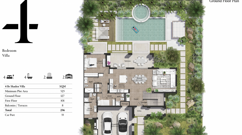 Plan d'étage architectural d'une villa de deux étages, comprenant plusieurs chambres, des espaces de vie, une piscine centrale avec un aménagement paysager al jure et un abri d'auto avec deux véhicules. Étiquettes et mesures détaillées