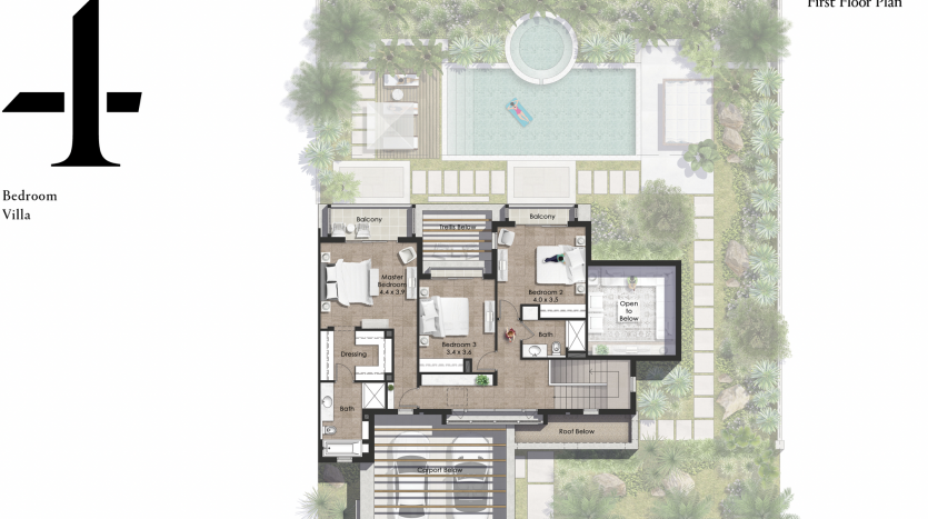 Plan architectural du premier étage d'une villa de quatre chambres montrant l'aménagement avec des pièces étiquetées, une piscine et une verdure environnante al jure.