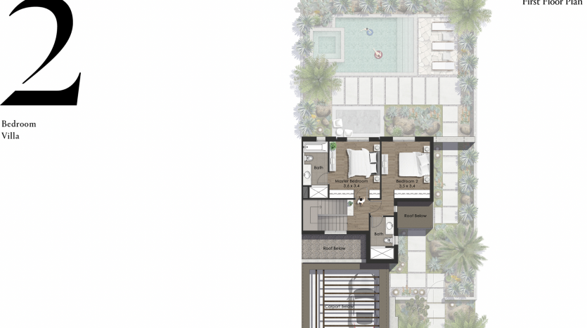 Plan architectural du premier étage d&#039;une villa de deux chambres comprenant des pièces labellisées, une cour centrale Al Jure avec piscine et de la verdure environnante. Grand chiffre décoratif &quot;2&quot; à gauche