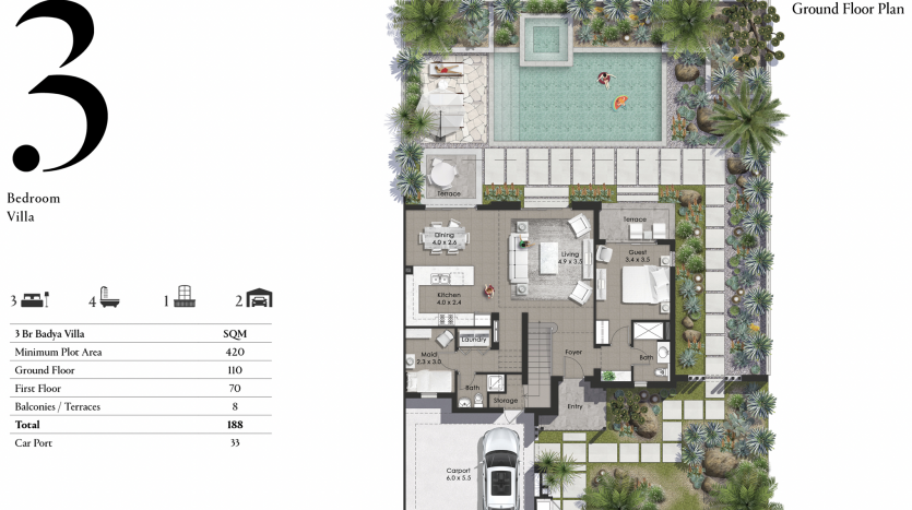 Plan architectural de haut en bas d'une villa de 3 chambres comprenant une disposition interne des pièces, une piscine pour deux personnes, des espaces verts et un abri pour une voiture. Chaque pièce et zone est clairement